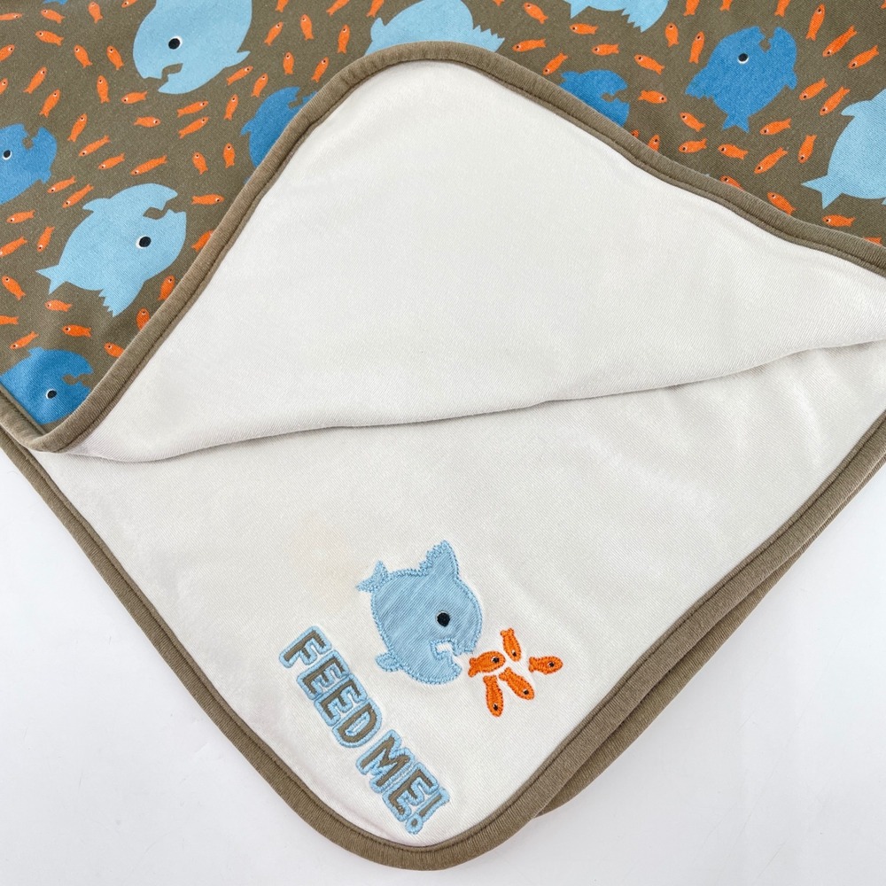 Gymboree Vintage Reversible Baby Blanket Fish Piranha Feed Me Blue Brown Cotton
